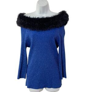 LAUREN MICHELLE Blue SPARKLE Ribbed M Sweater FAUX FUR On/Off Shoulder COLLAR